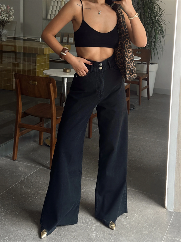 Geniş Kemerli Baggy Jean  - Siyah