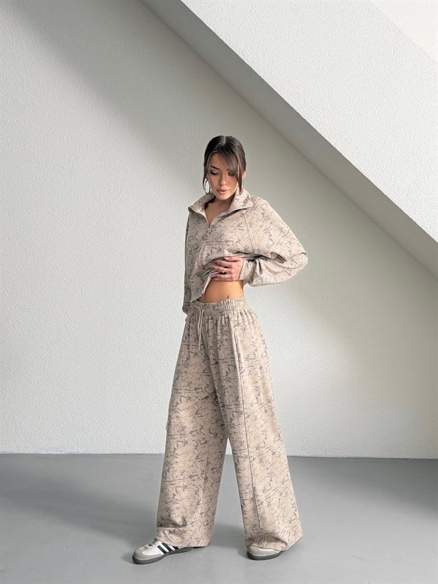 Fermuarlı Palazzo Takım - Vizon