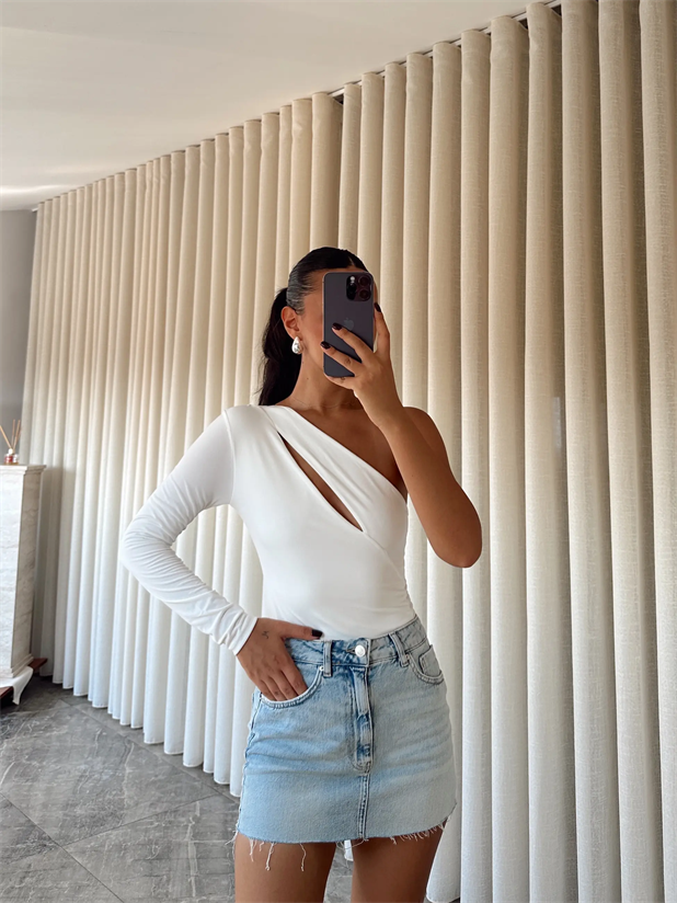 Sabrina Tek Kol Bodysuit Beyaz - Beyaz