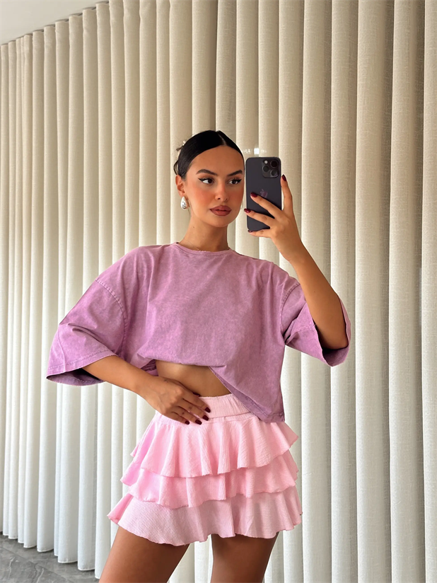 Yıkamalı Düz Crop Basic - Lila