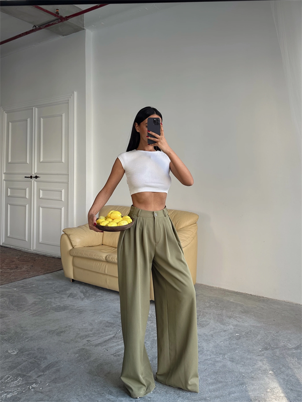 Yandan Katlama Düğme Detay Palazzo - Haki Yeşil