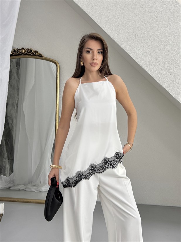 Altı Dantelli Asimetrik Saten Bluz - Beyaz