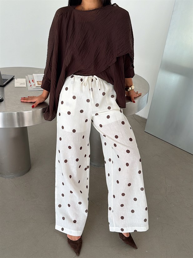 Keten Puantiye Desenli Pantolon - Ekru