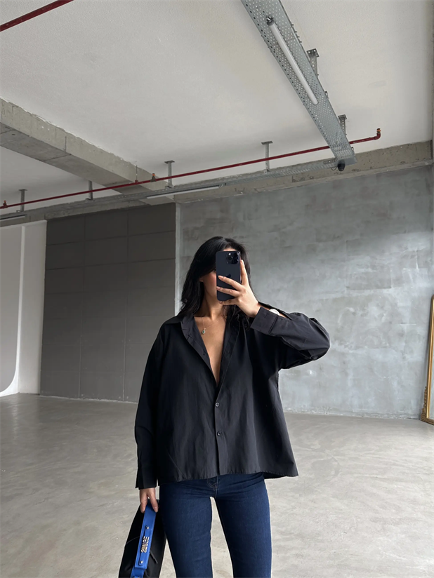 Asimetrik Dikiş Detay Gömlek Siyah - Siyah