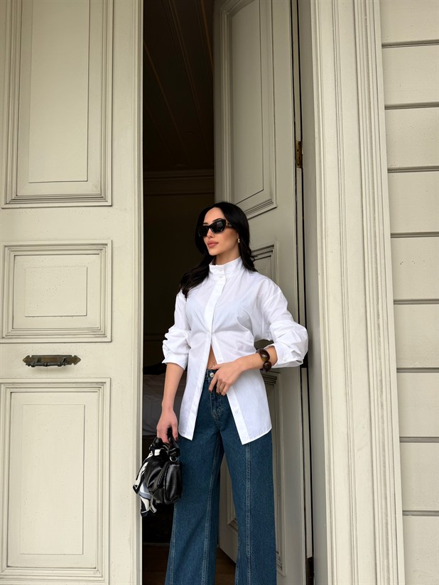 Hakim Yaka Bağlamalı Gömlek - Beyaz