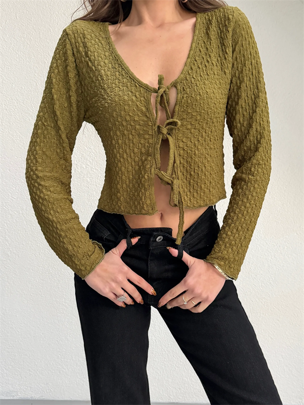 Önü Bağlamalı Bluz - Yağ Yeşili