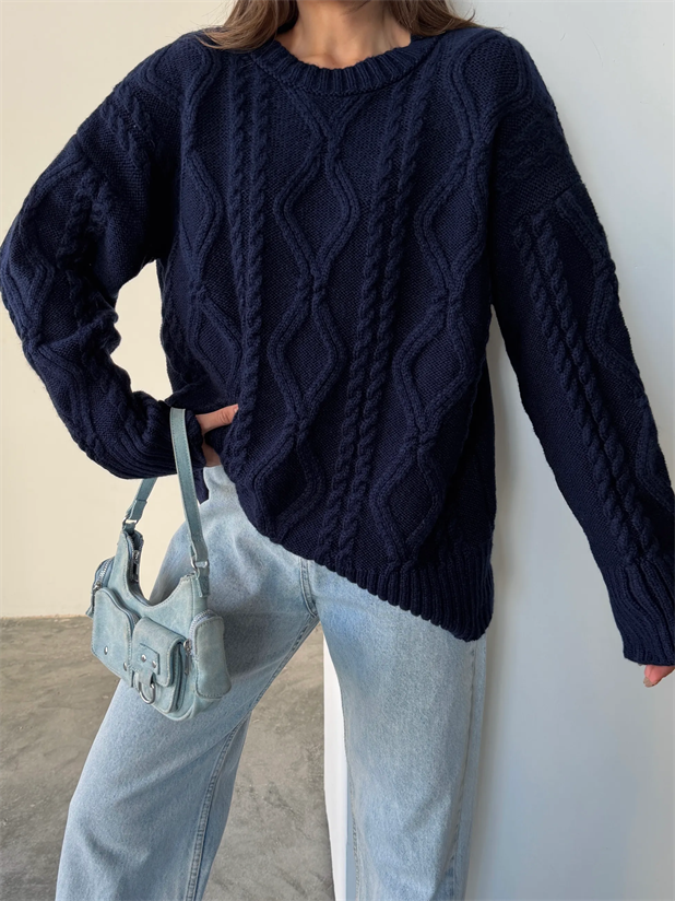 Saç Örgü Desenli Yıkamalı Triko - Lacivert