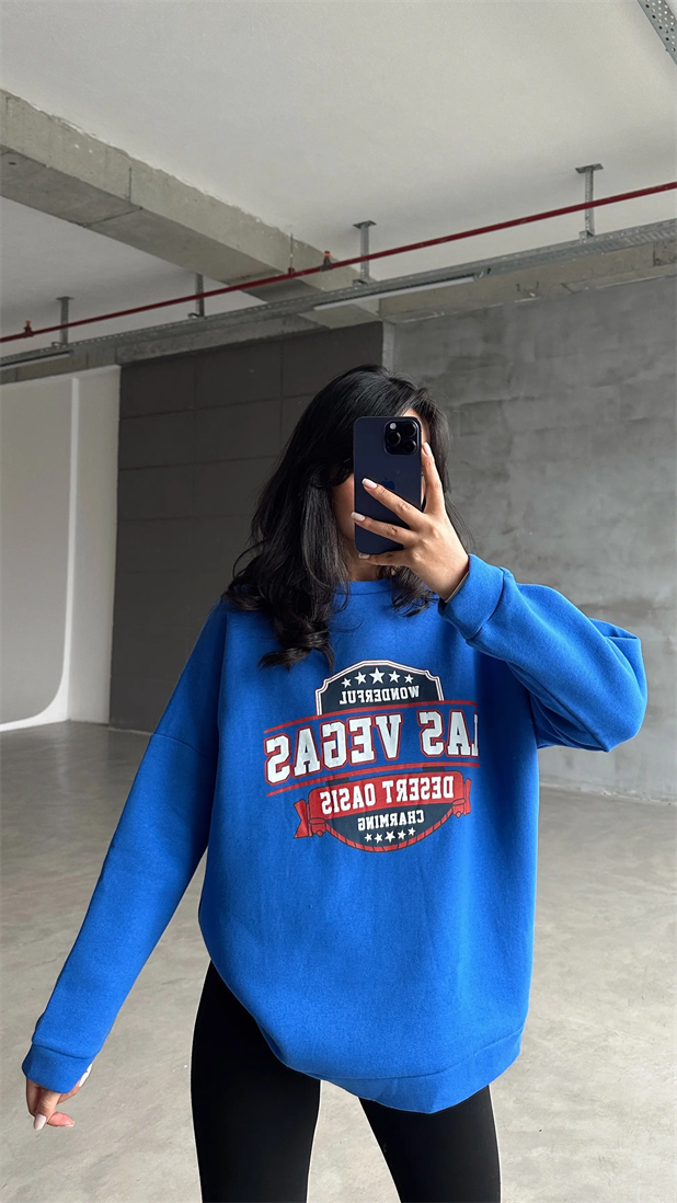 Las Vegas Üç İplik Oversize Sweat Saks Mavi - Mavi