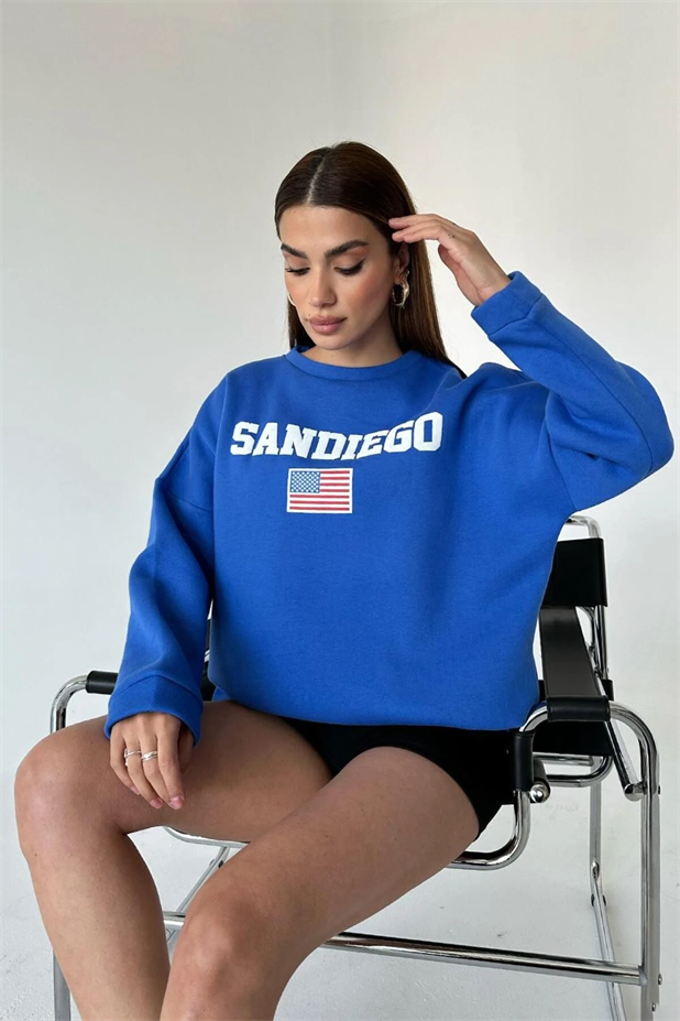 State Baskı Üç İplik Şardonlu Sweat Saks Mavi - Mavi