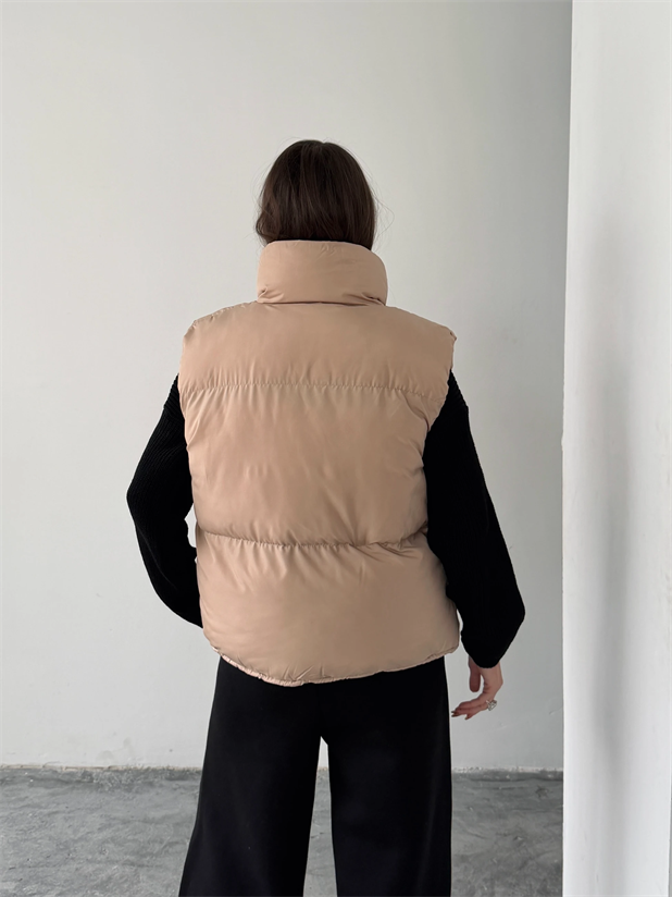 Düğmeli Yan Cep Detay Şişme Yelek - Taş