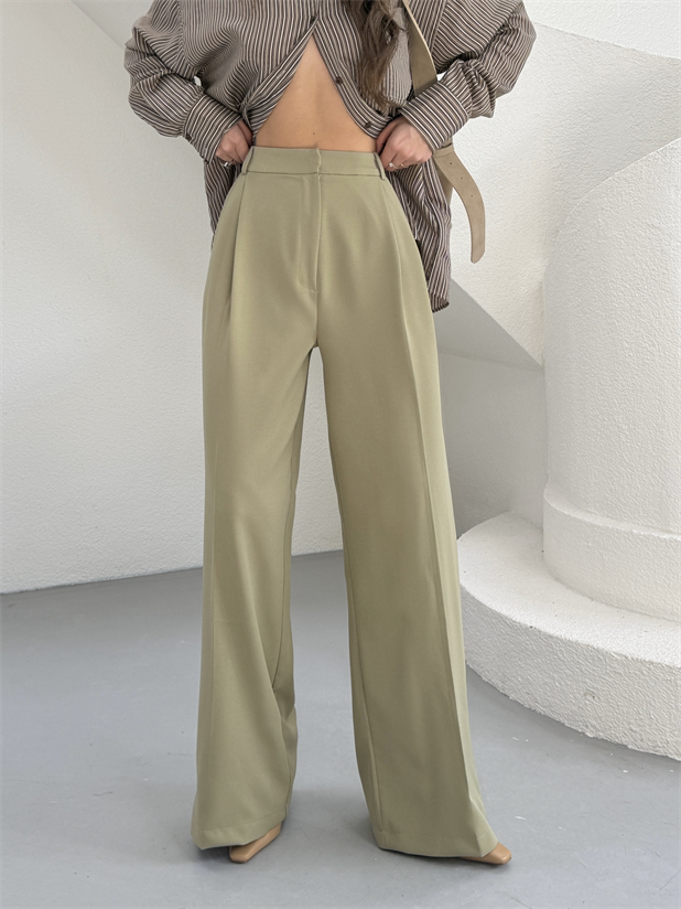 Çift Pileli Palazzo Pantolon - Çağla Yeşili