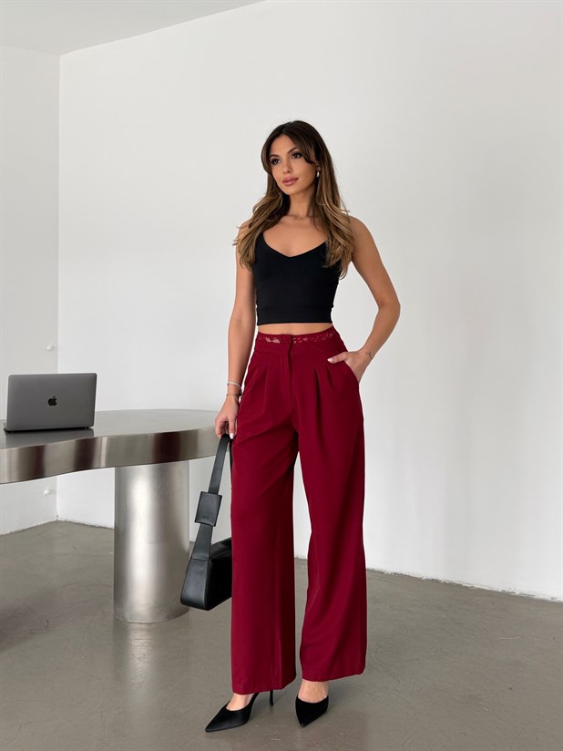 Kemeri Dantel Detaylı Palazzo Pantolon  - Bordo