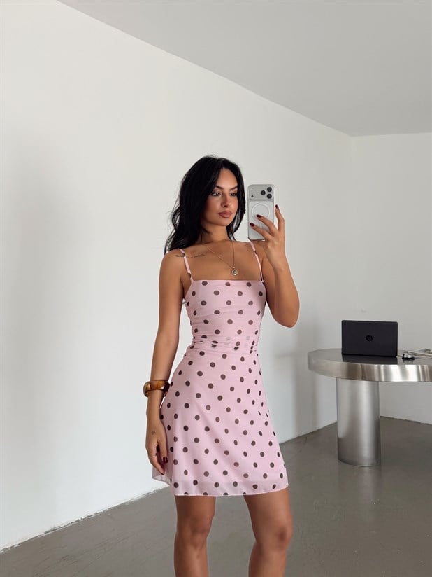 Drapeli Puantiye Mini Elbise - Pembe