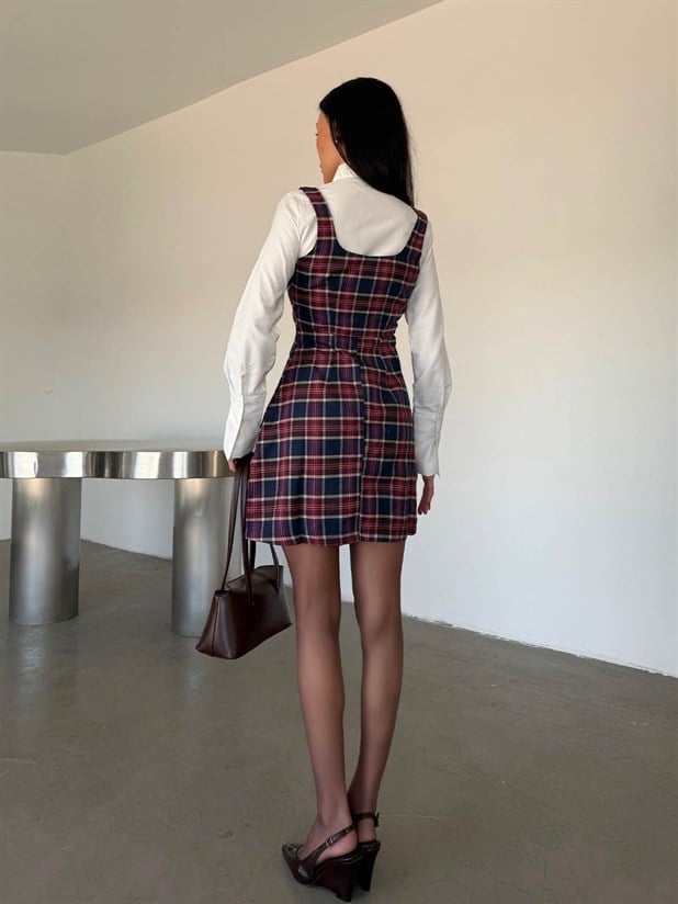 Birleşik Gömlekli Ekose Elbise - Lacivert