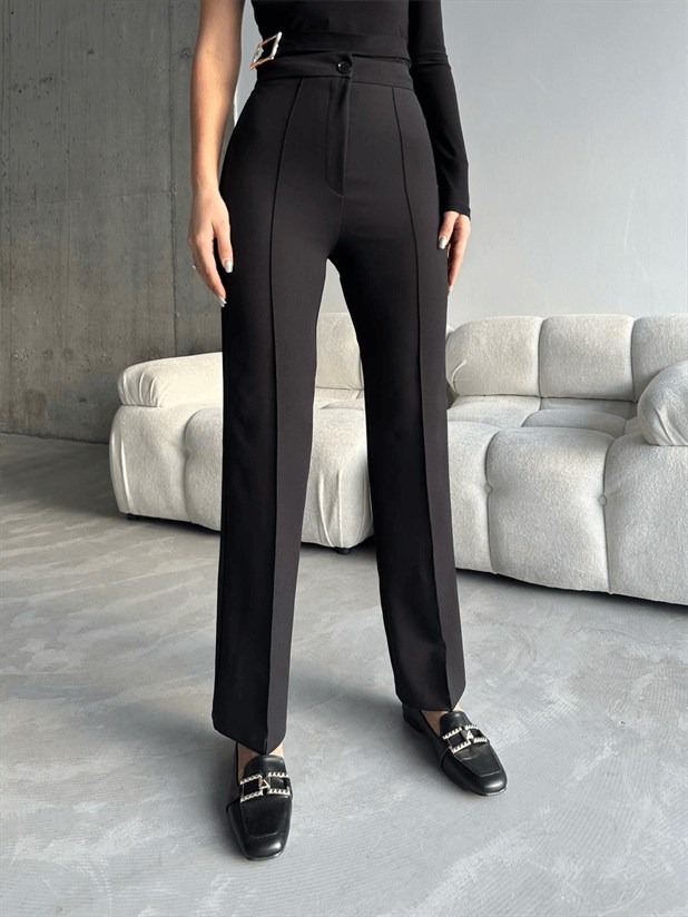 Ön Dikiş Boru Paça Kumaş Pantolon - Siyah