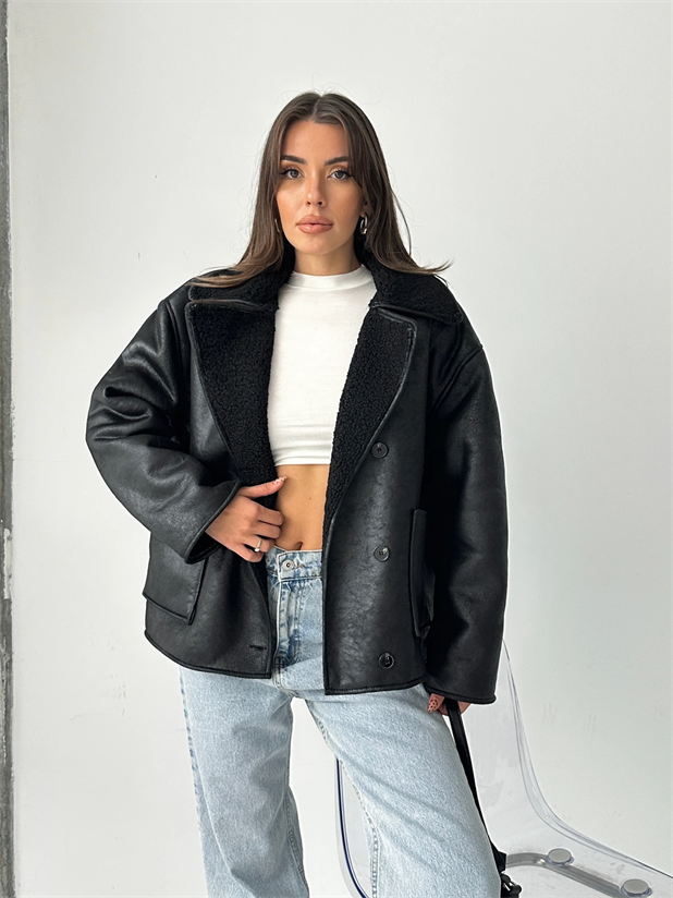 İçi Kürklü Oversize Mont - Siyah