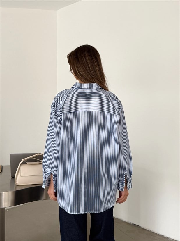 Bear Nakışlı Çizgili Gömlek - Mavi