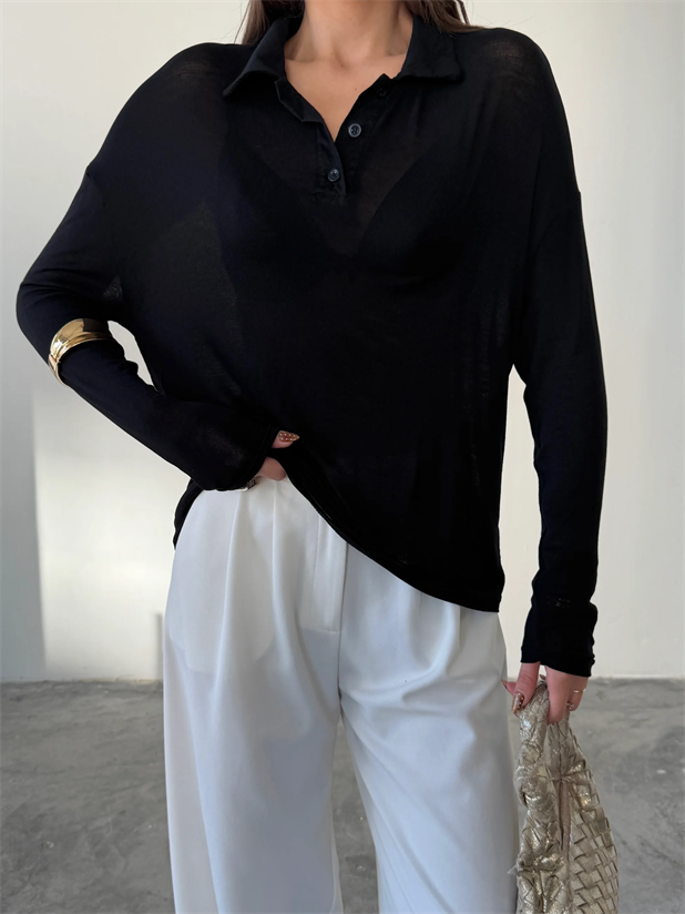 Polo Yaka Salaş Bluz - Siyah