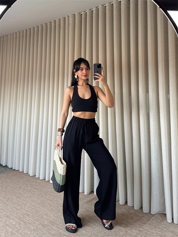 Astarlı Bol Paça Pantolon - Siyah