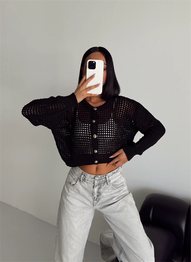 Simli Crop Hırka  - Siyah