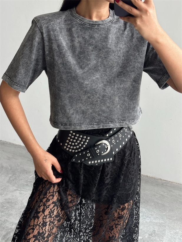 Yıkamalı Vatkalı Crop Basic - Füme