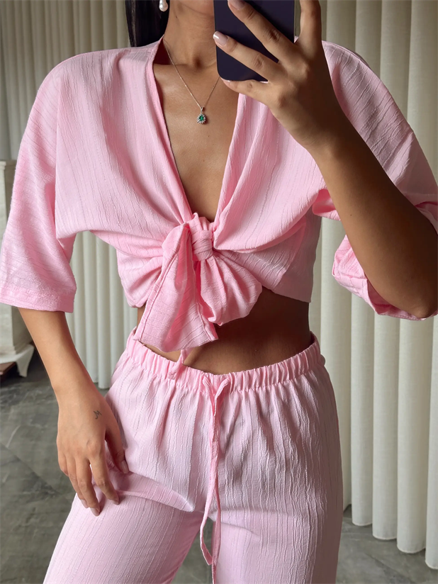 Üst Bağlamalı Pantolon Takım  - Pudra Pembe