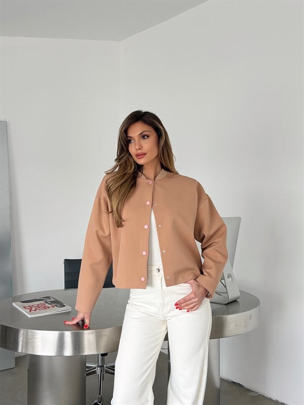 Yaka Ribana Cıt Cıt Detay Ceket Vizon - Vizon