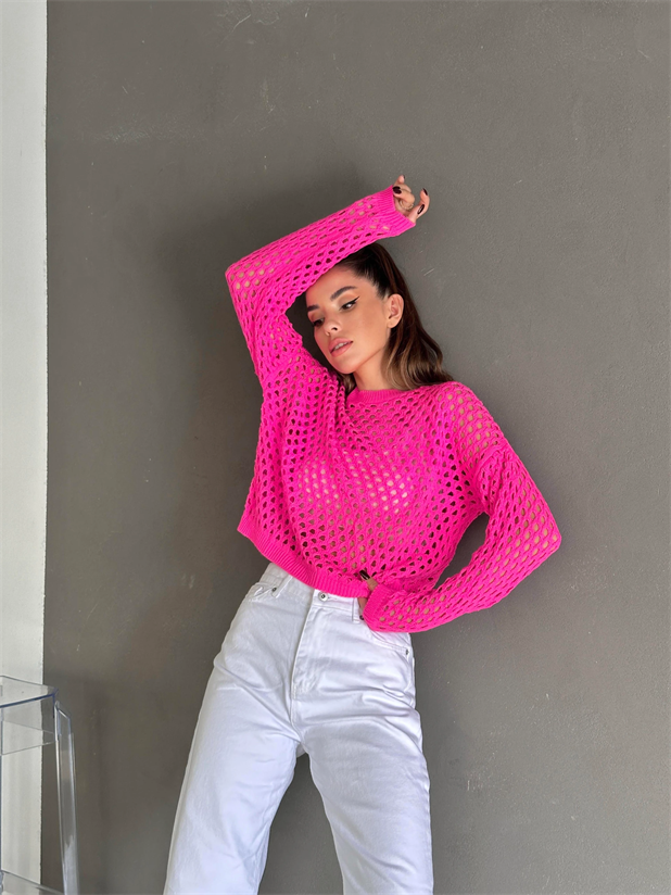 Delik Detaylı Trend Kazak Pembe - Pembe