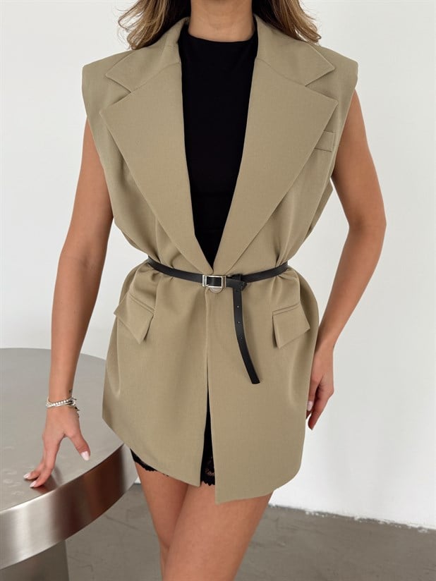 Deri Kemerli Yelek - Haki