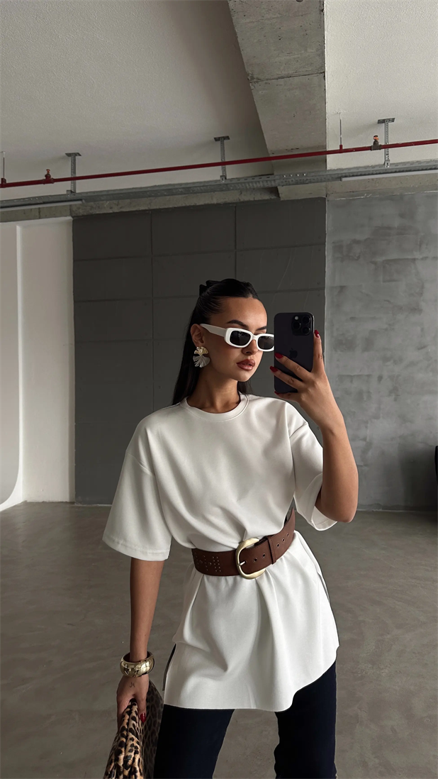 Yan Yırtmaç Oversize Basic - Ekru