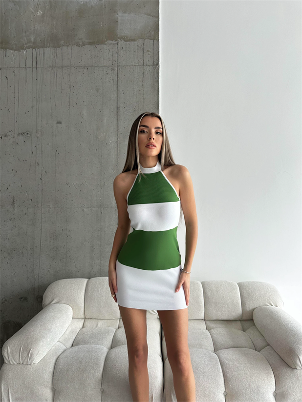 Boyun Bağlama Line Triko Elbise Beyaz-Yeşil - Beyaz-Yeşil