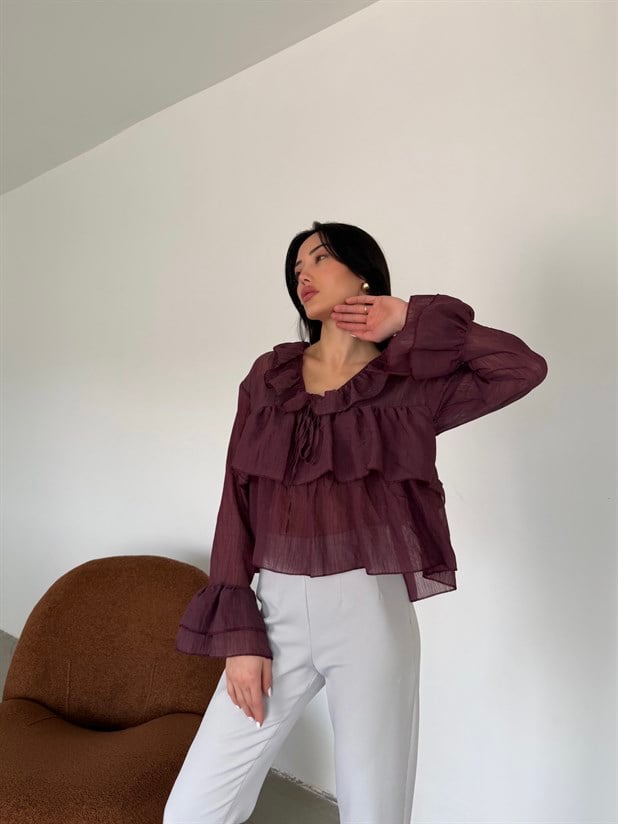 Fırfır Detaylı Bluz - Mürdüm