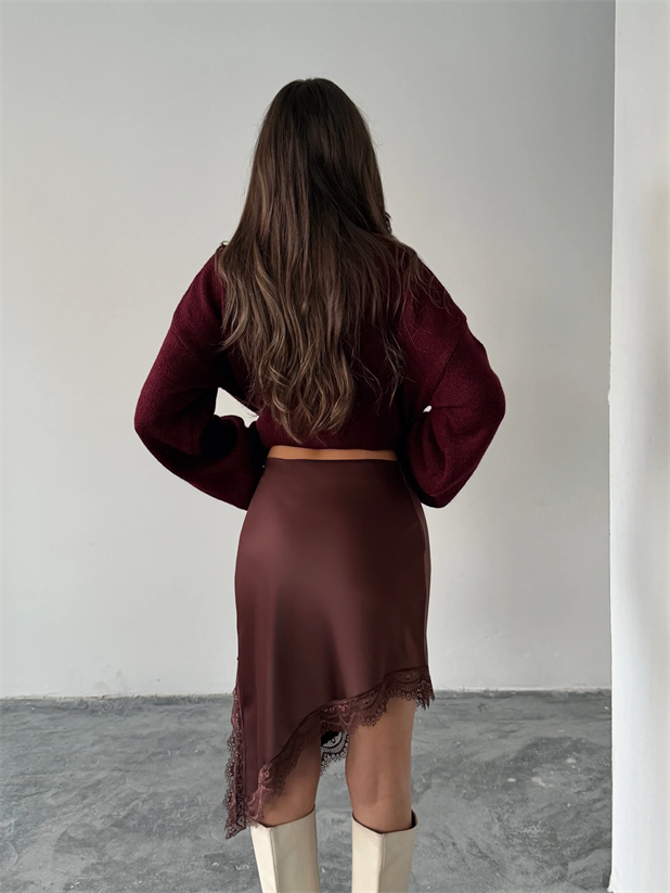 Asimetrik Detay Ucu Dantelli Etek - Kahve