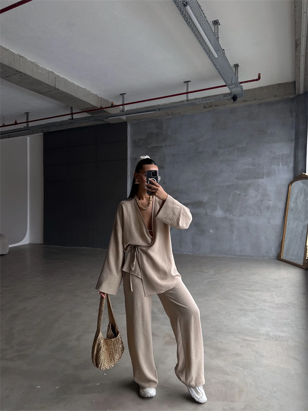 Belden Bağlamalı Keten Kimono Takım - Vizon
