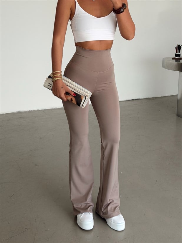 Yüksek Bel İspanyol Paça Tayt - Vizon