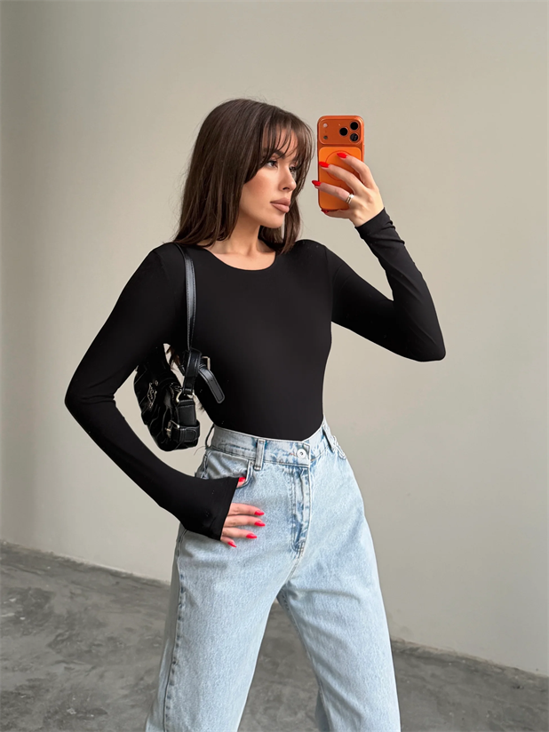 Bisiklet Yaka Bodysuit - Siyah