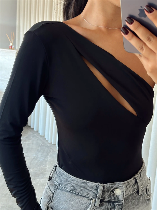 Sabrina Tek Kol Bodysuit Siyah - Siyah