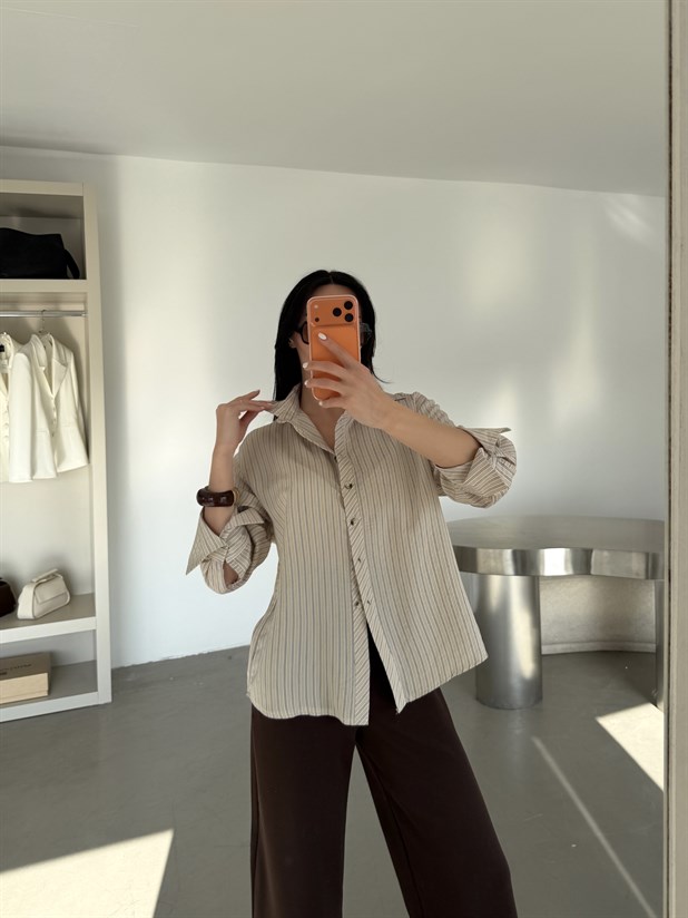 Çizgili Kol Manşet Detaylı Gömlek - Bej