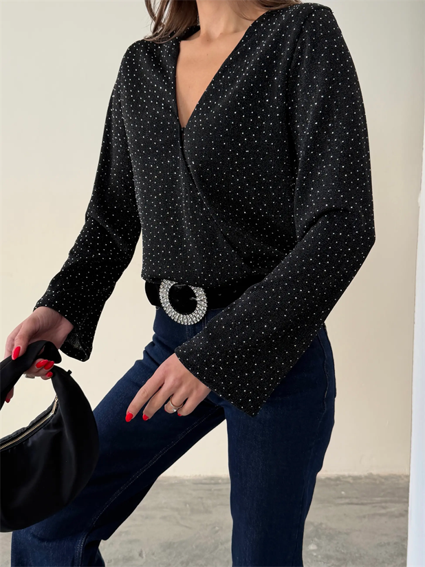 Taşlı Uzun Kol Bodysuit - Siyah