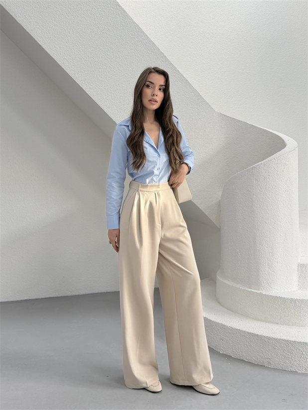 Çift Pileli Palazzo Pantolon - Taş