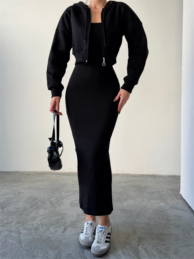 Fermuarlı Sweat Elbise Takım  - Siyah