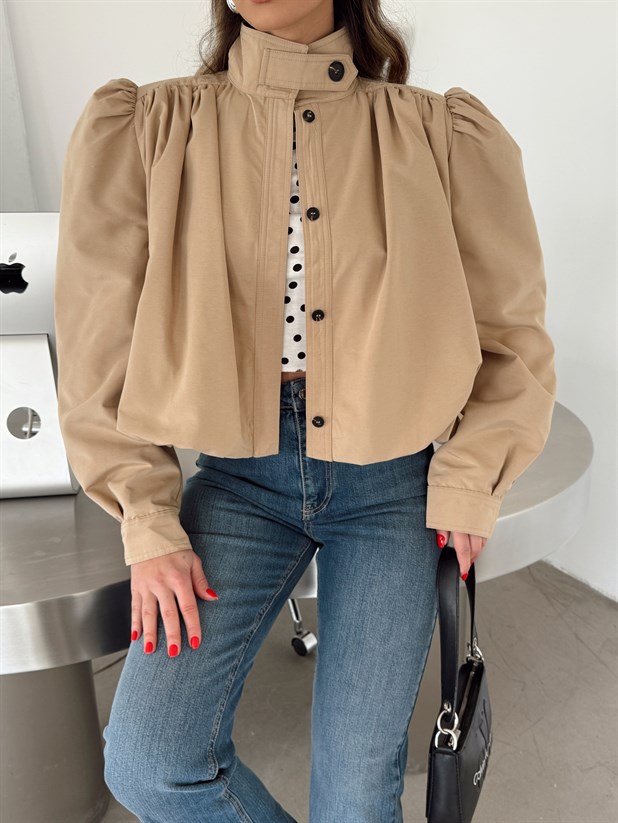 Vatkalı Crop Trençkot - Bej