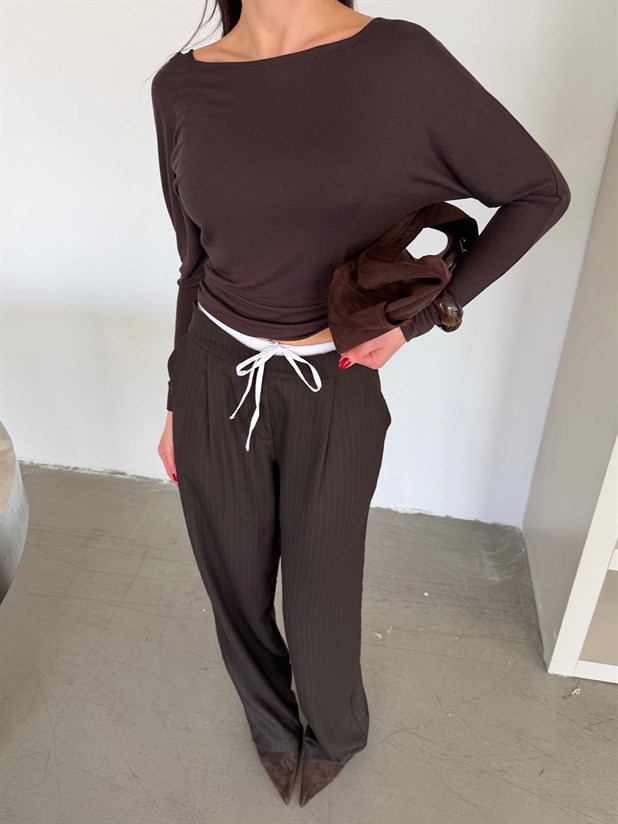 Bel Bağcık Çizgili Palazzo Pantolon - Kahverengi