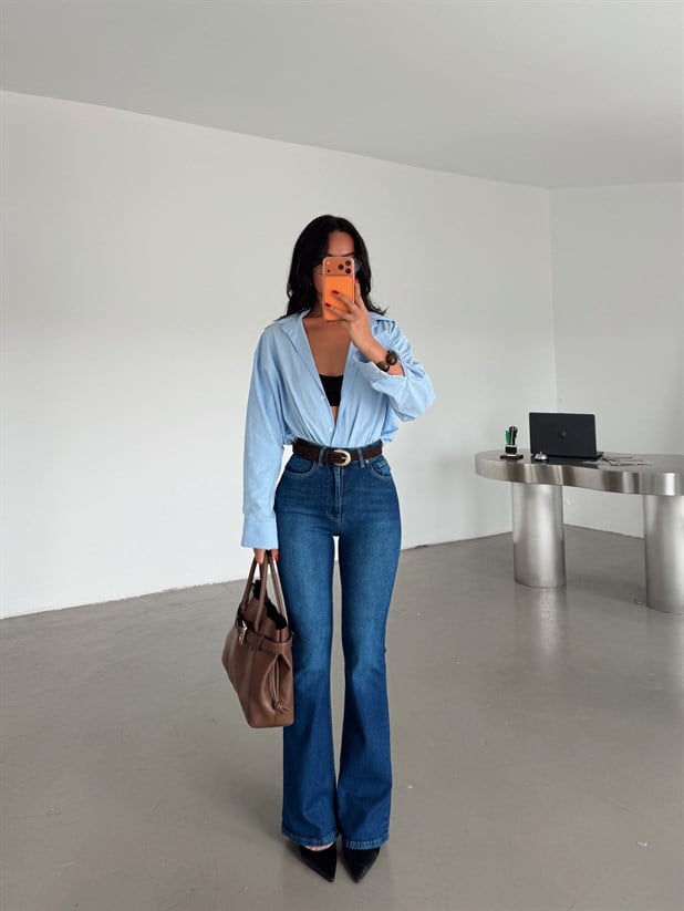 Yüksek Bel İspanyol Paça Jean - Lacivert