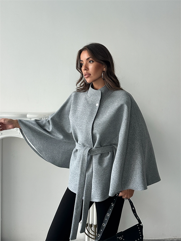 Kaşe Kuşaklı Pelerin Kaban - Gri