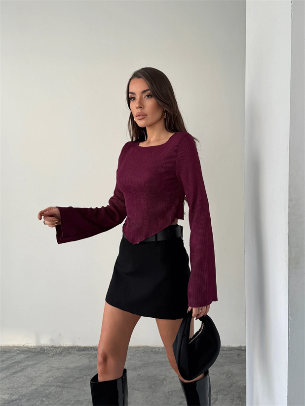 İspanyol Kol Akordiyon Bluz - Mürdüm