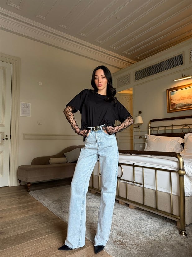 Paça Kesik Palazzo Jean - Buz Mavi