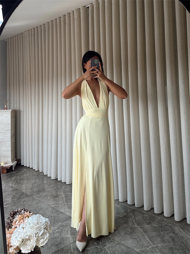 Bel Ve Boyun Bağlamalı Elbise - Sarı