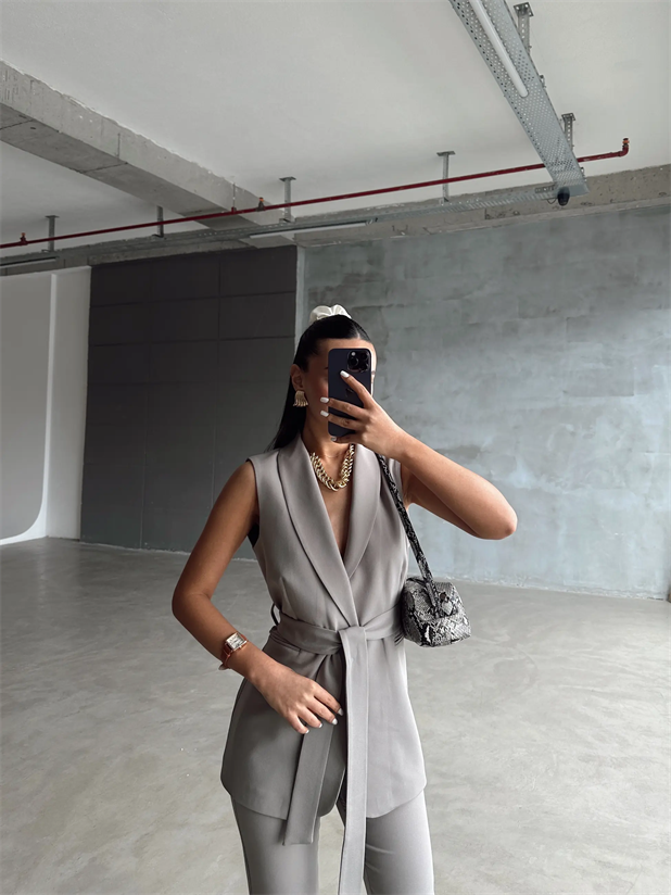 Bağlamalı Blazer Yelek  - Gri
