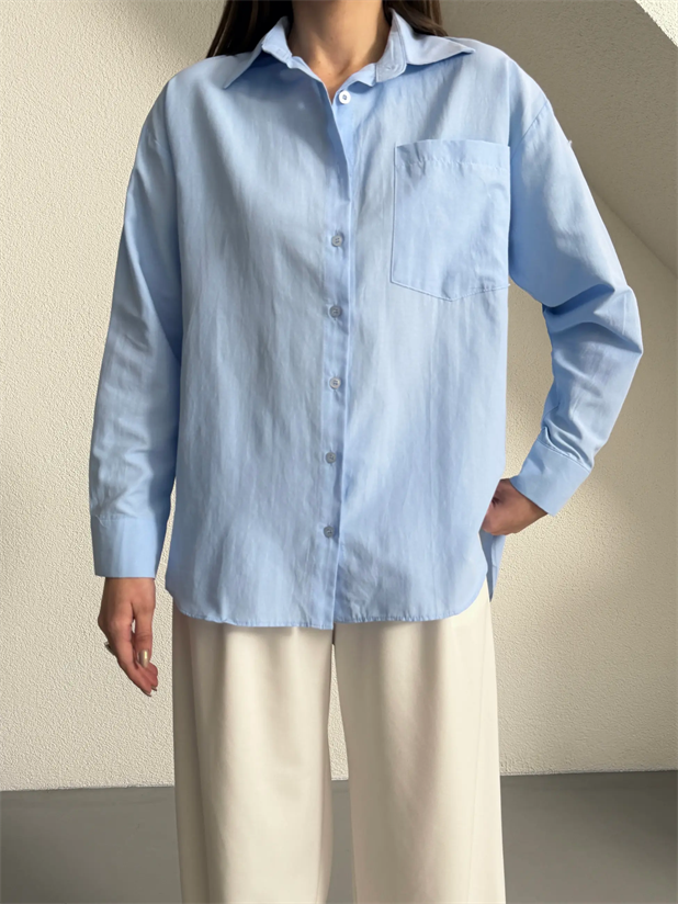 Tek Cep Boyfriend Gömlek - Mavi